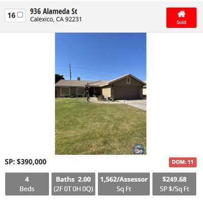 Real estate listing for 936 Alameda St in Calexico, CA. Features a beige house, green lawn, sold for $390,000.