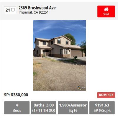 Real estate listing: two-story house at 2369 Brushwood Ave, Imperial, CA, sold for $380,000.