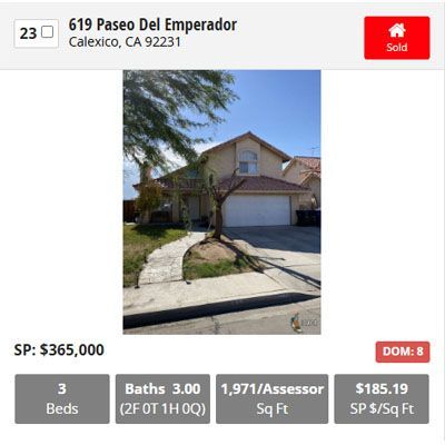 Real estate listing: House at 619 Paseo Del Emperador, Calexico, CA. Sold for $365,000, 3 beds, 3 baths, 1,971 sq ft.