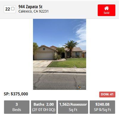 House at 944 Zapata St, Calexico, CA, sold for $375,000. Features 3 beds, 2 baths, and 1,562 sq ft.