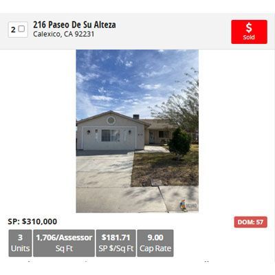 Real estate listing: House at 216 Paseo De Su Alteza, Calexico, CA, sold for $310,000.