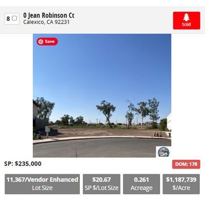 Vacant lot at 0 Jean Robinson Ct, Calexico, CA, sold for $235,000.  Includes lot size, acreage, and price per acre.