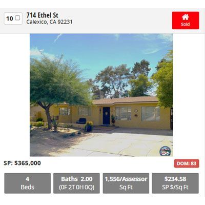 House for sale at 714 Ethel St, Calexico, CA. Sold. Yellow exterior, 4 beds, 2 baths, 1,556 sq ft.