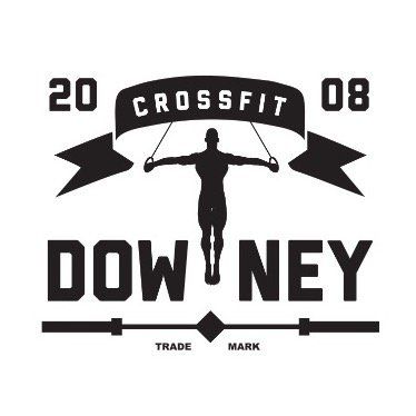 CrossFit Downey logo with a person jumping rope, black and white.