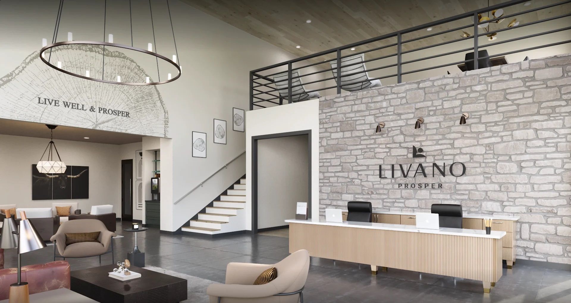 A living room with a brick wall and a reception desk at Livano Prosper.