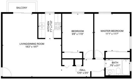 Floor Plan: 2 Bed · 1 Bath