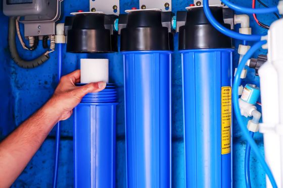 A person is holding a filter in front of a water filter.