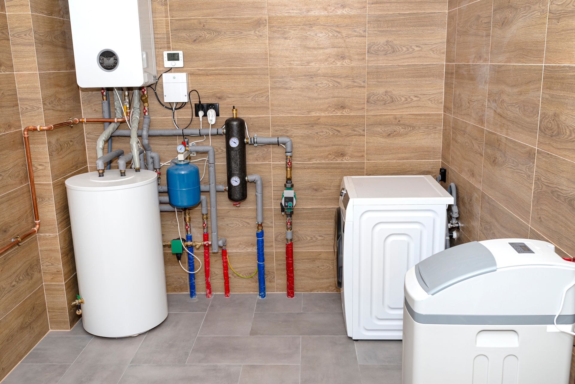 Utility room with water heater, water softener system, exposed plumbing pipes, and household appliances installed against a tiled wall.