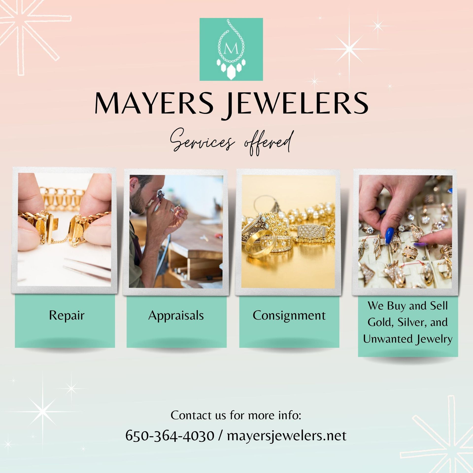 A poster for mayers jewelers showing their services
