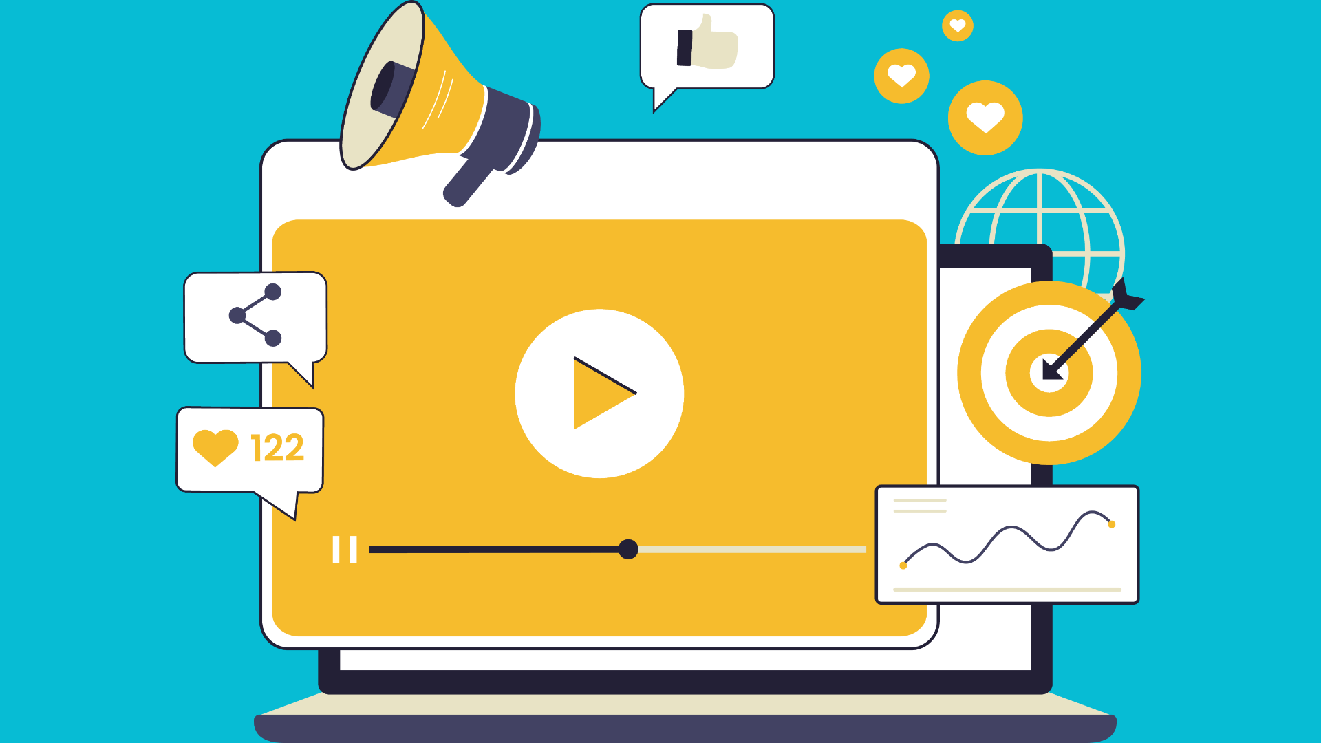 Laptop displaying video, with icons for sharing, likes, and targeted marketing. Blue background.