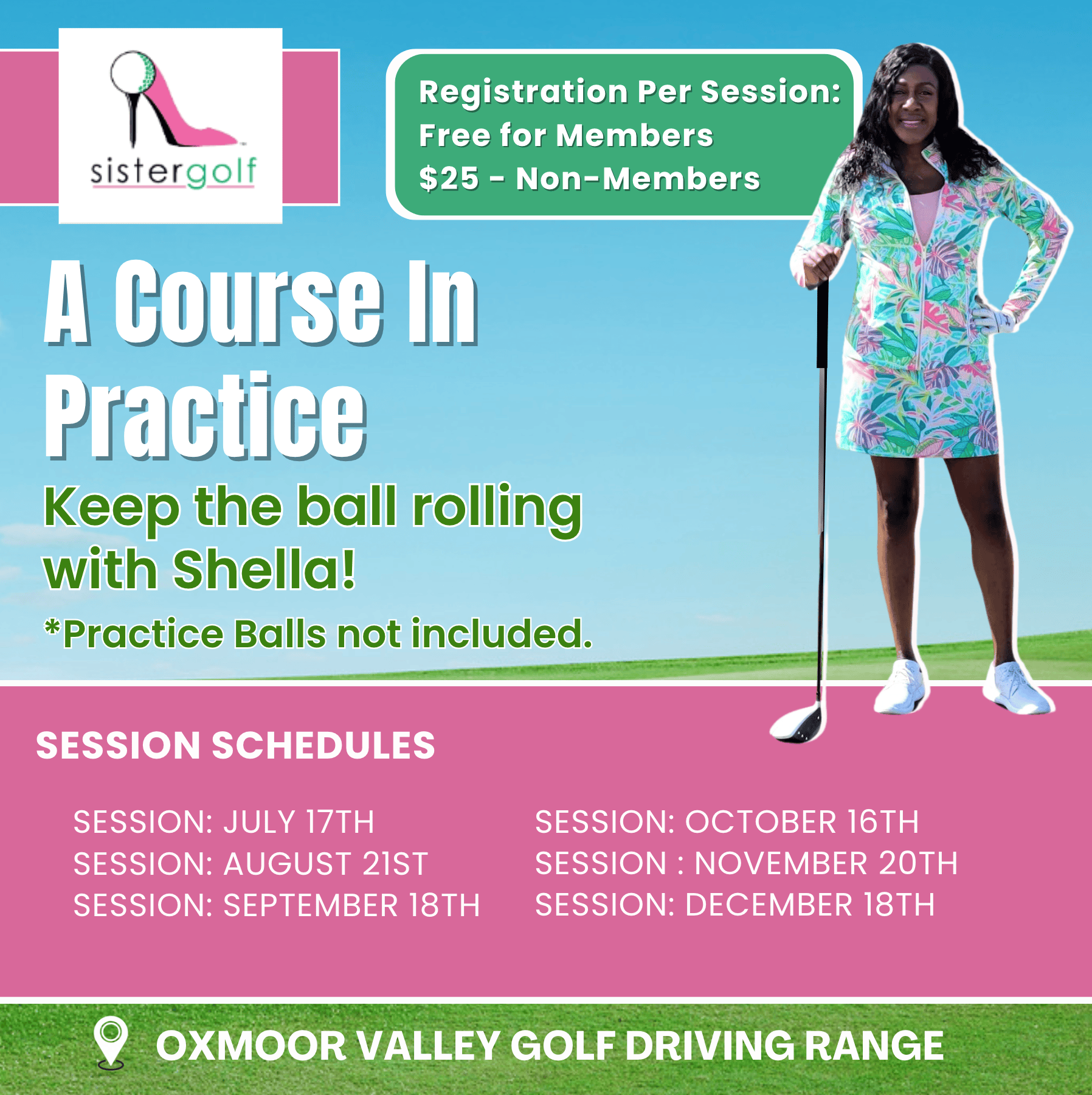 A woman in a dress is holding a golf club on a golf course