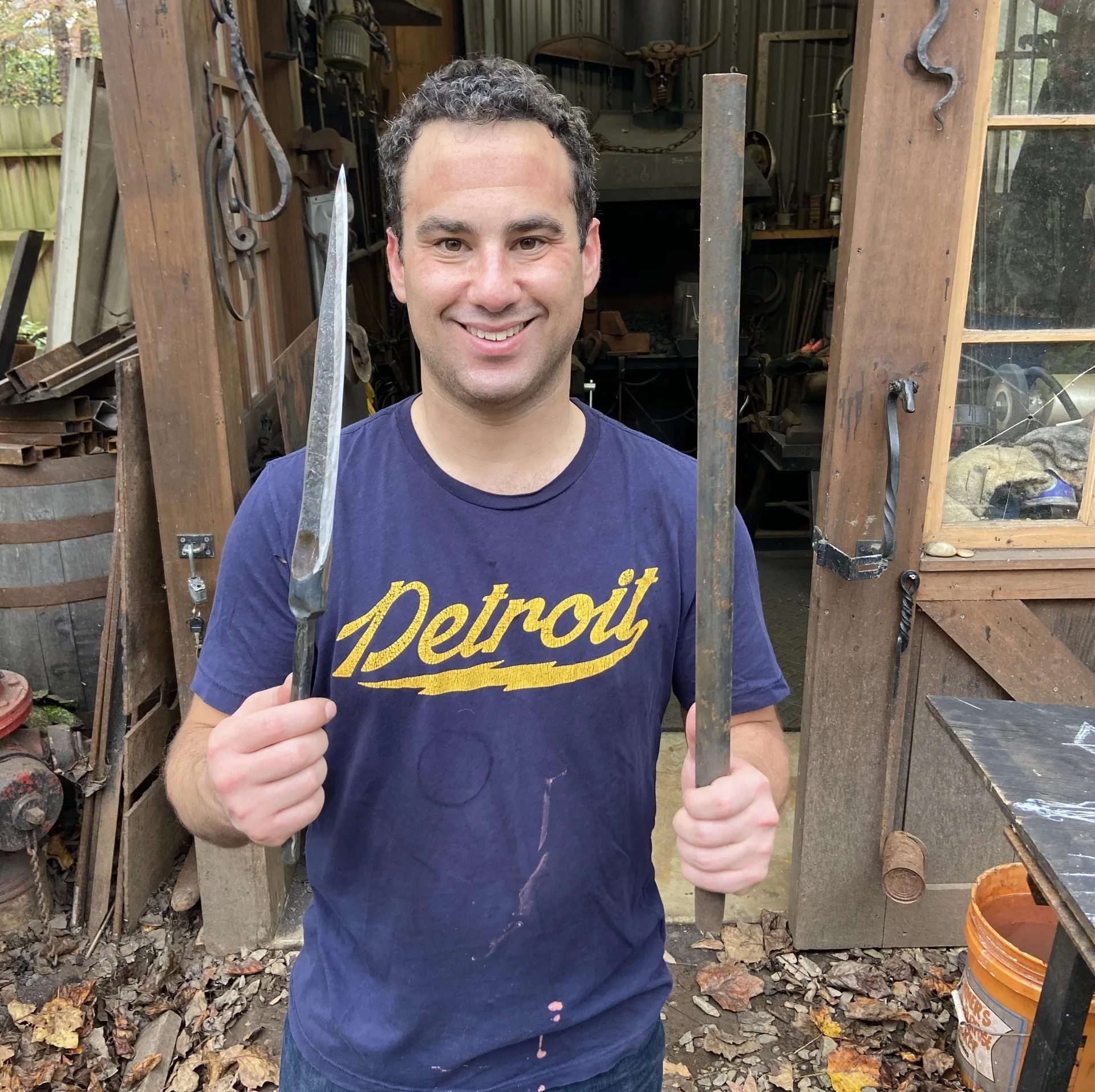 A shop guest is making a fun knife