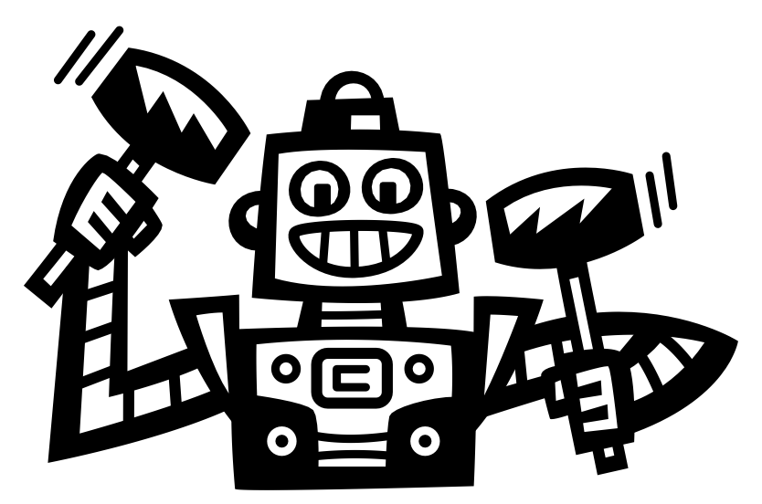 A black and white drawing of a robot holding a hammer.