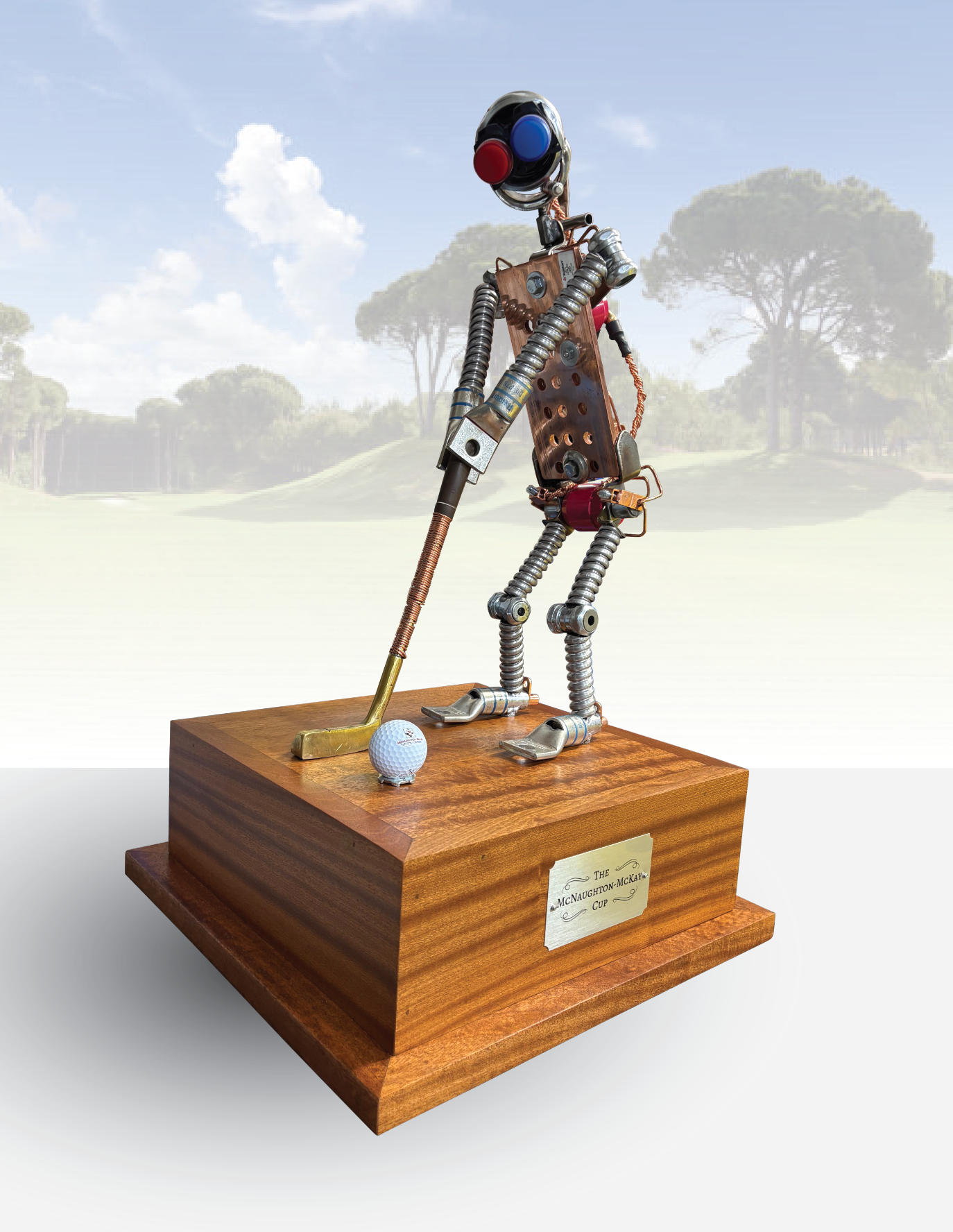 A large white house with green awnings is surrounded by trees and bushes.