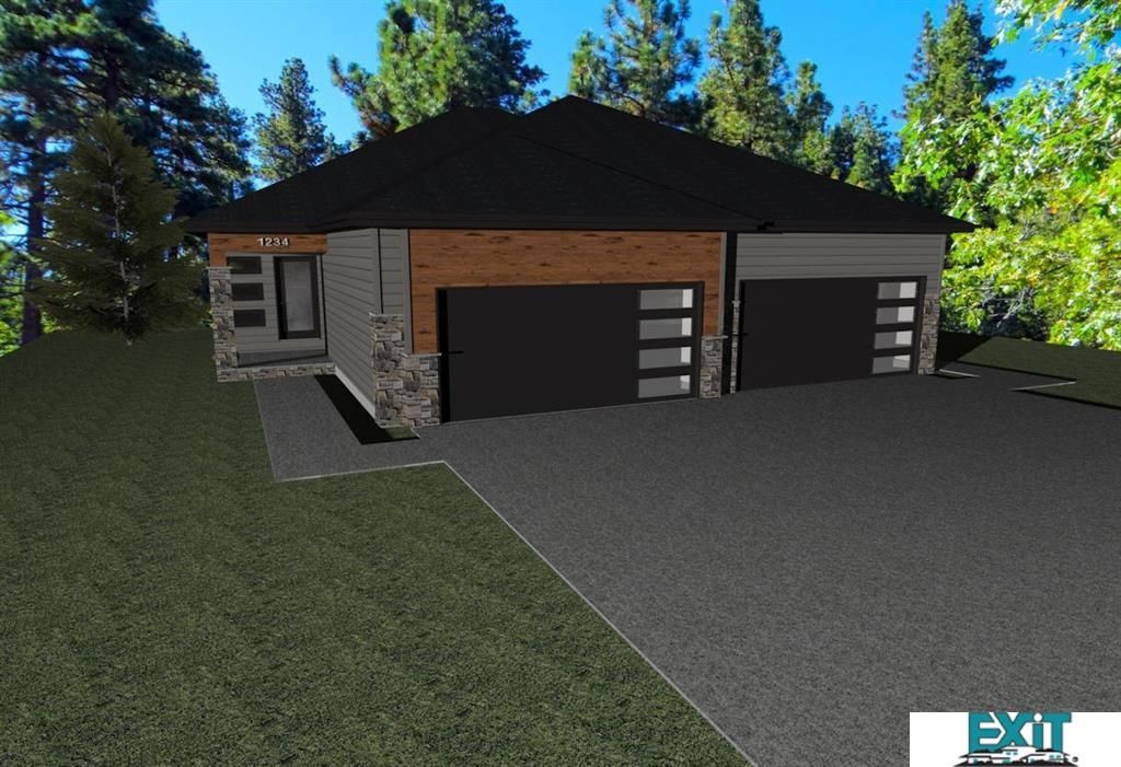 Modern home with black garage doors, brick and stone accents, and a dark roof.