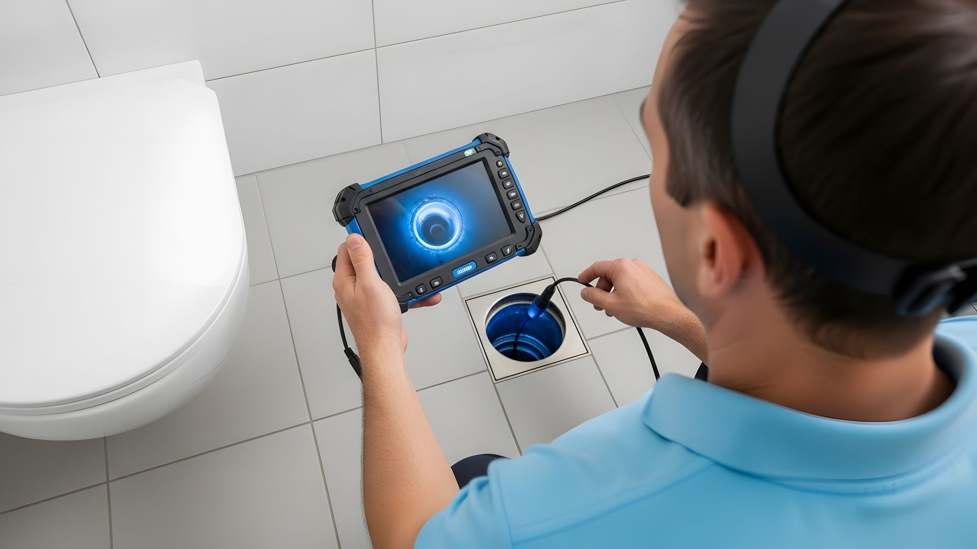 A plumber performing a sewer camera inspection using advanced equipment to assess drain line issues.