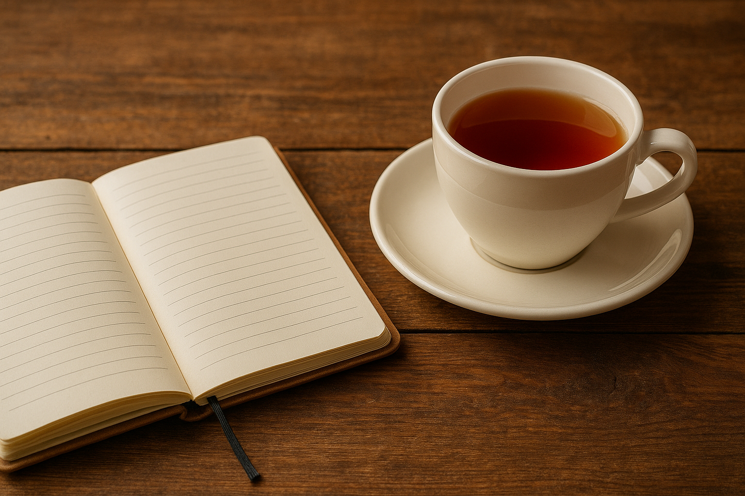 A journal and cup o coffee o  wooen table