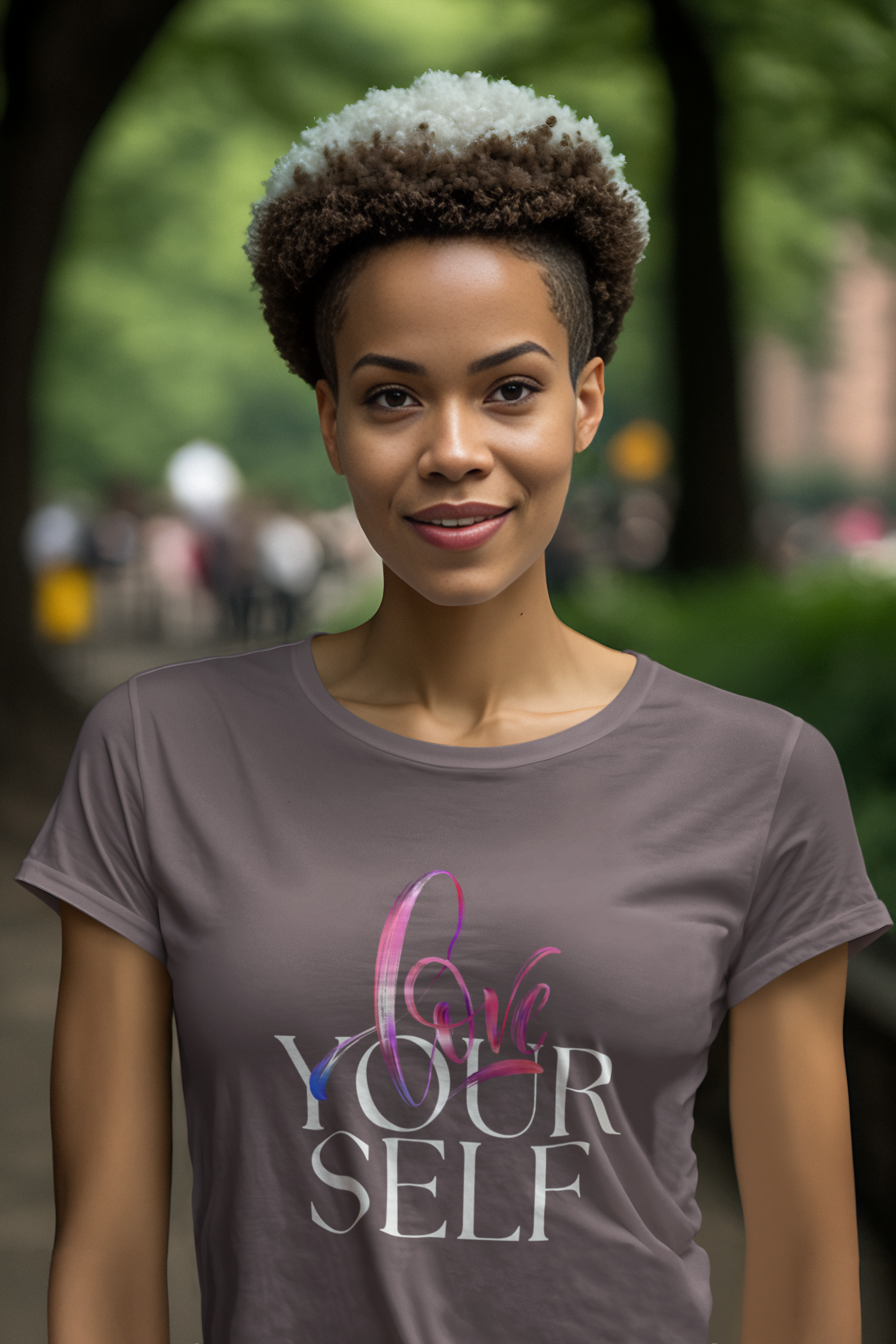 A woman is wearing a t-shirt that says `` love your self ''.