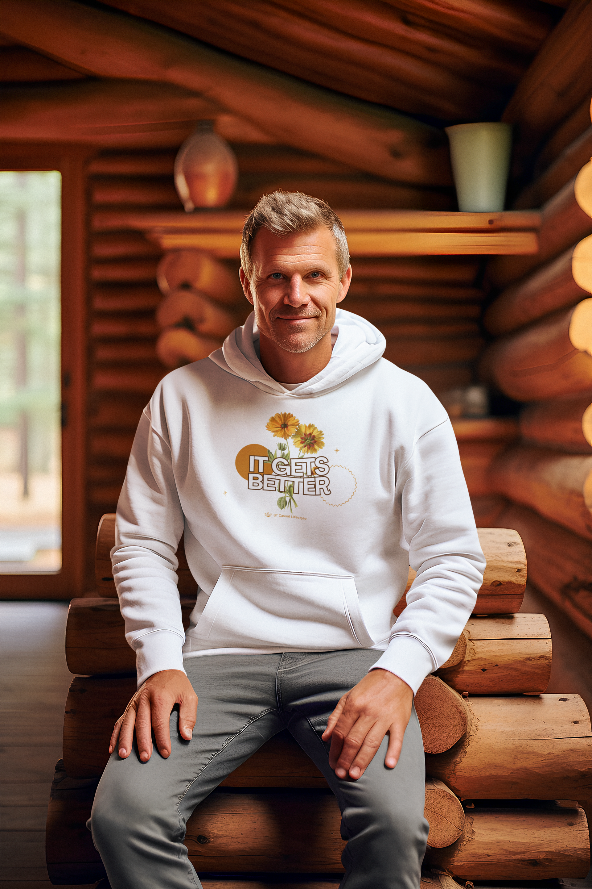 A man in a white hoodie is sitting on a log cabin.