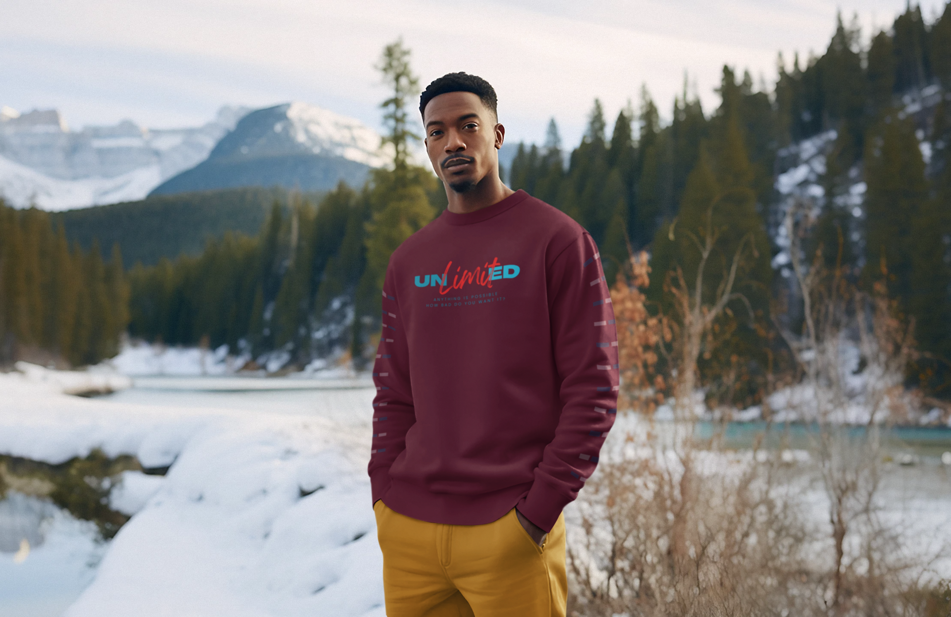 A man wearing a maroon sweatshirt is standing in the snow with his hands in his pockets.