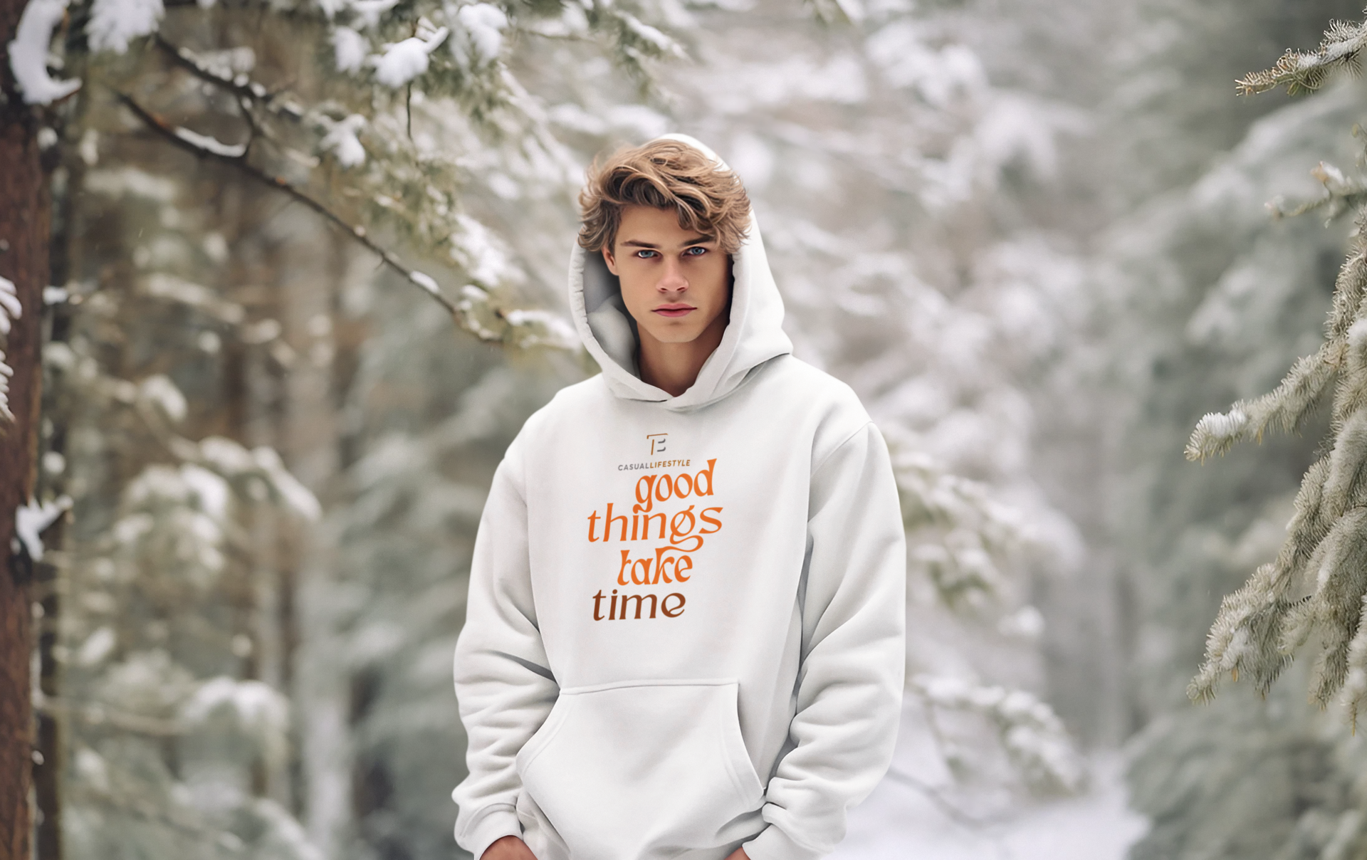 A man in a hoodie is standing in the snow in a forest.