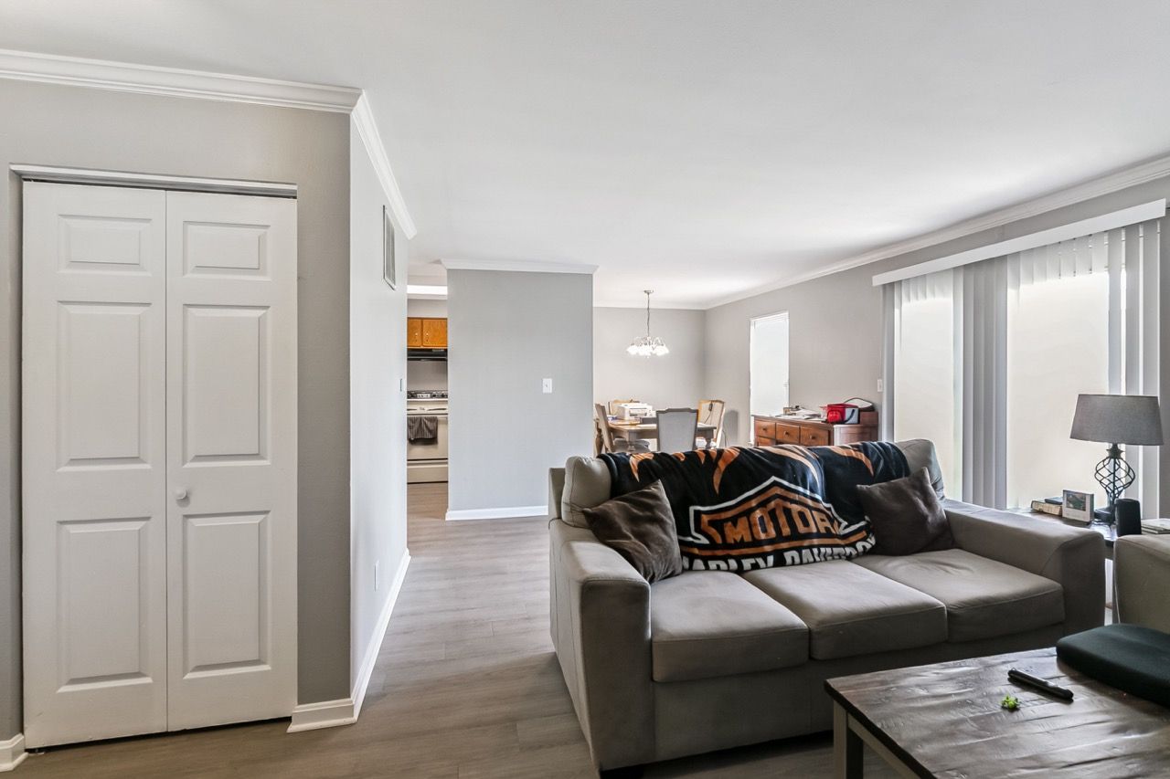 Gray-walled living room with a gray couch, a white closet, and a view into the dining area.