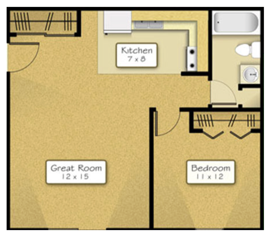 Floor plan of an apartment: great room, bedroom, kitchen, and bathroom; beige and white color scheme.