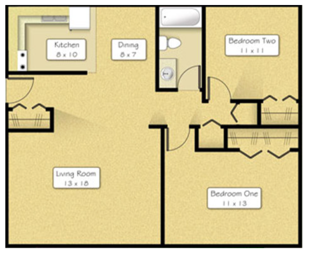 Floor plan of a two-bedroom apartment, with kitchen, dining area, living room, and bathroom.
