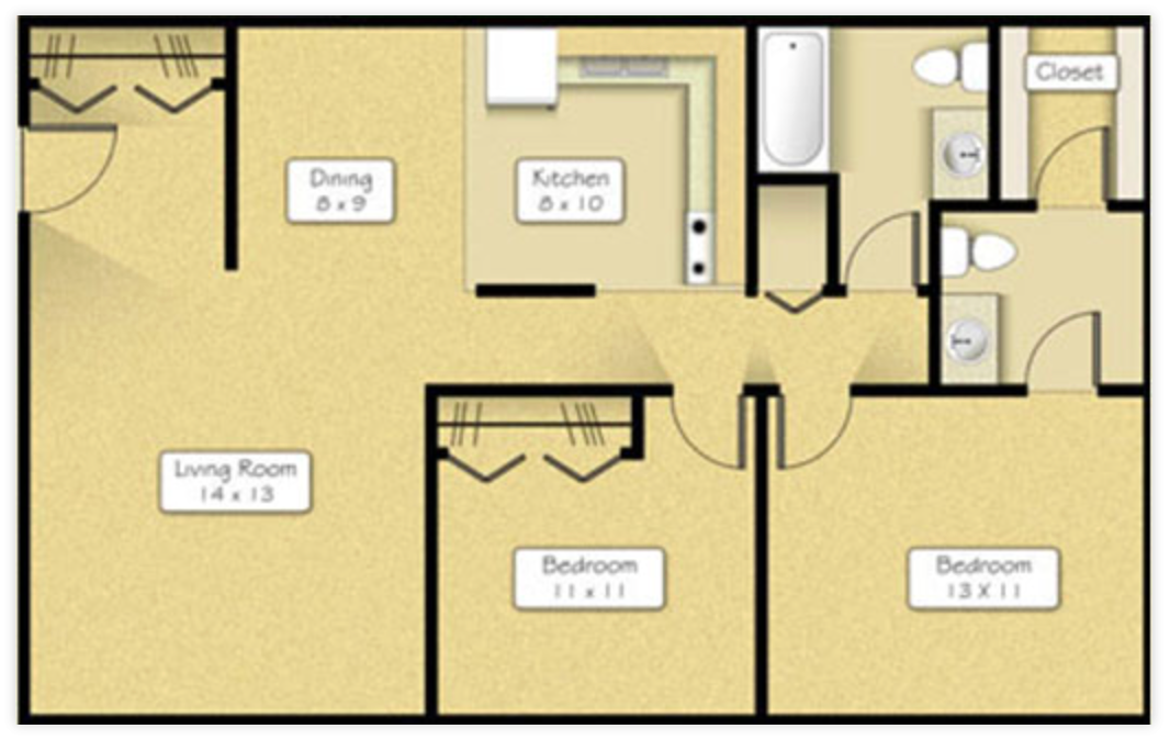Floor plan of a three-bedroom apartment, with kitchen, dining, living room, and bathroom.
