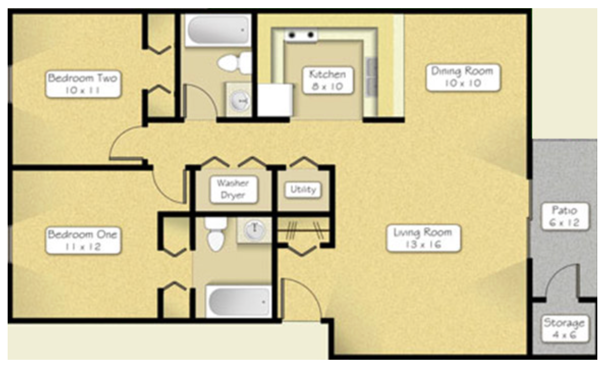 Floor plan of an apartment with two bedrooms, kitchen, dining and living rooms, utility, patio, and storage.