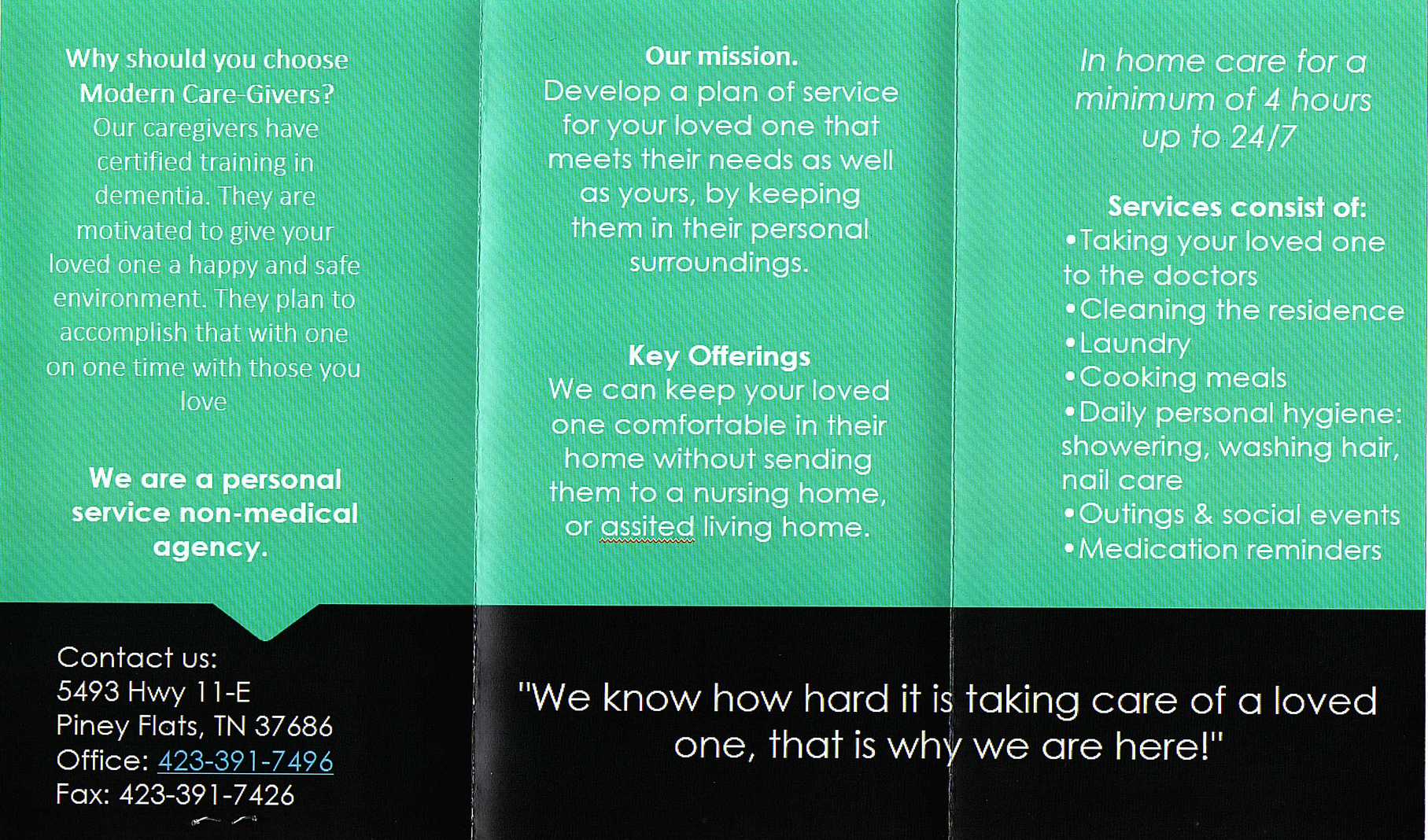 A brochure for a loved one that says we know how hard it is taking care of a loved one