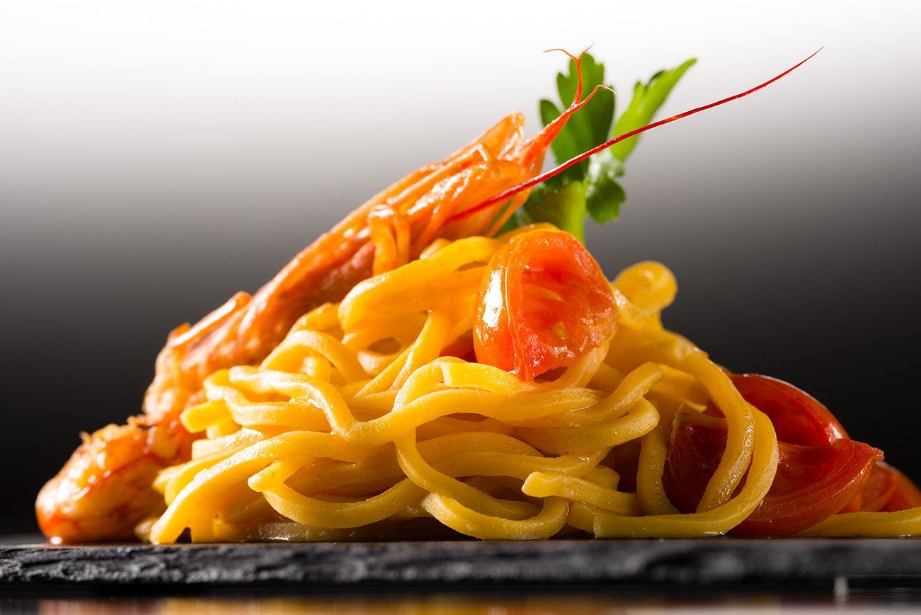 close-up of spaghetti with scampi