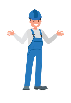 A man wearing blue overalls and a hard hat is standing with his arms outstretched.