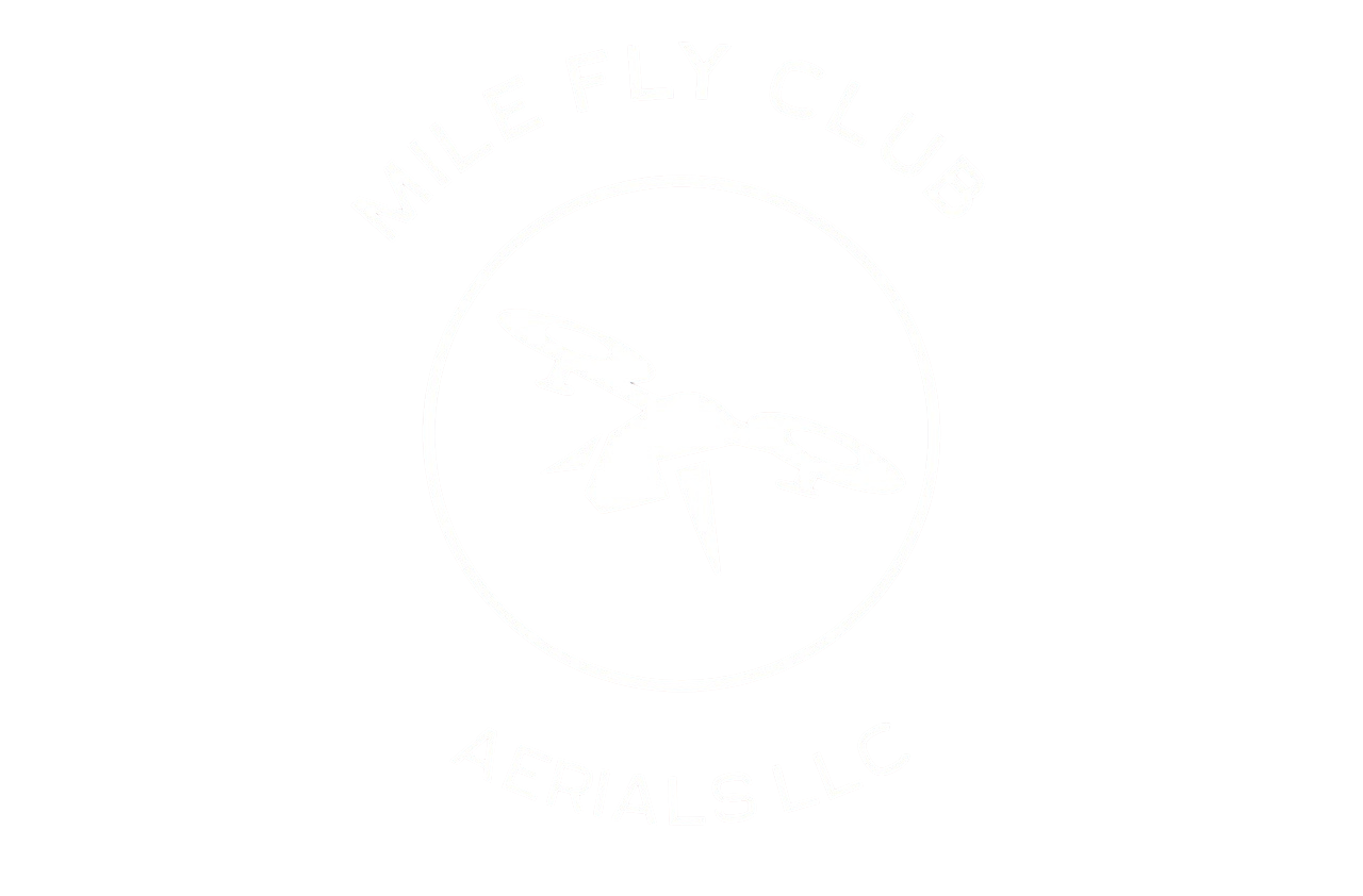 Mile Fly Club logo: White drone inside a circle, text above and below on blue background.