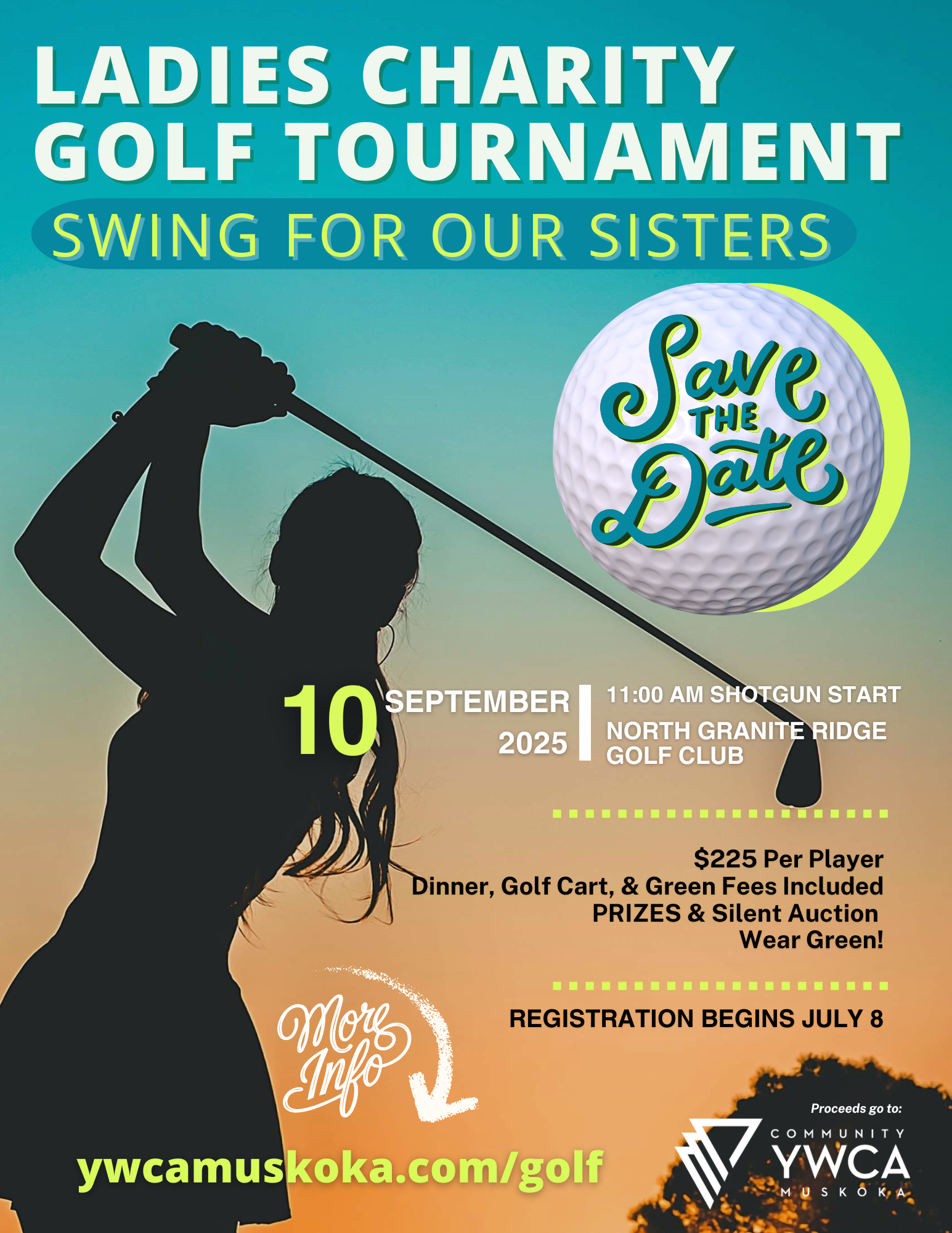 Golf Tournament Poster Save the Date - Registration opens July 8, All Ladies Charity Golf Tournament September 10, 2025
