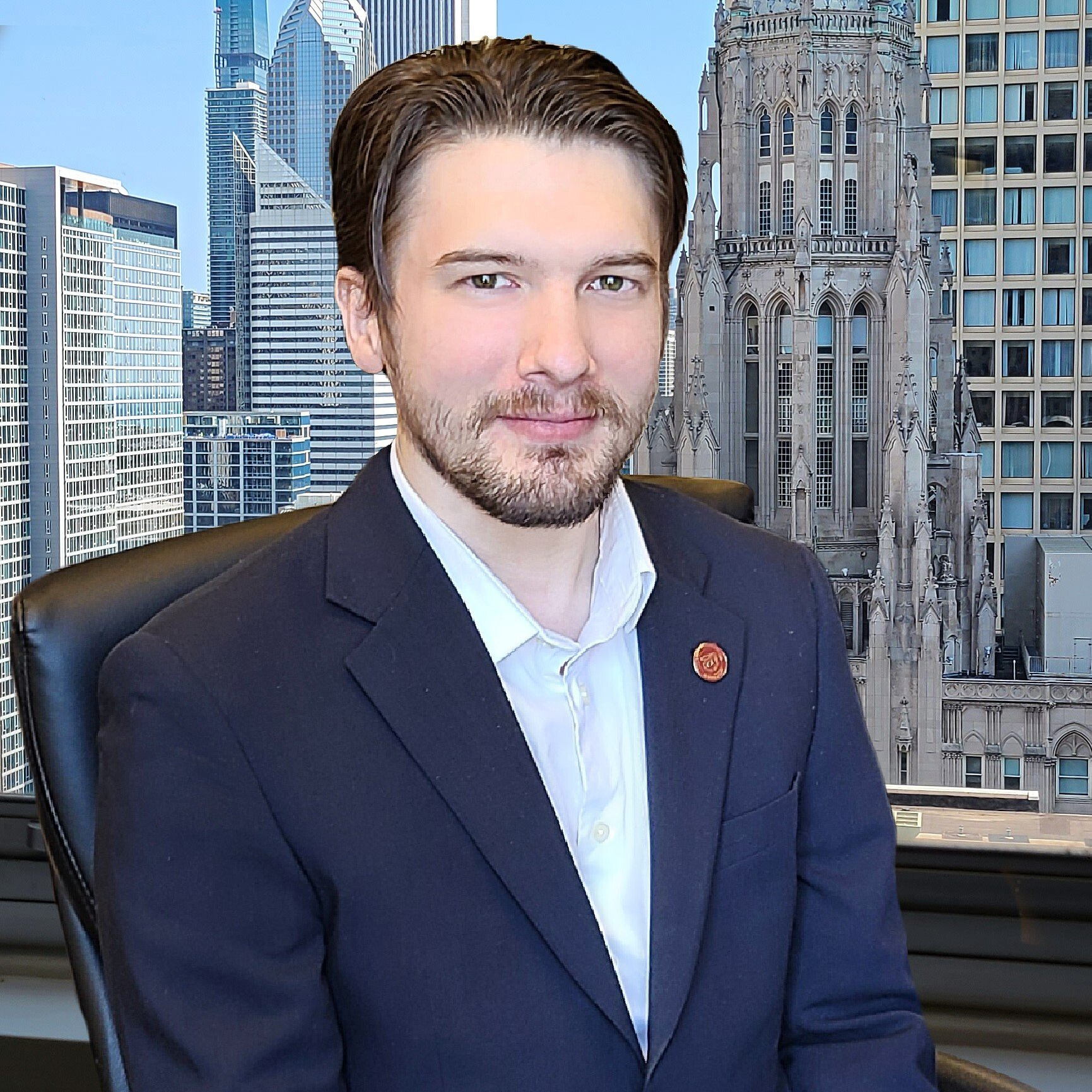 A man in a suit is sitting in a chair in front of a city skyline.
