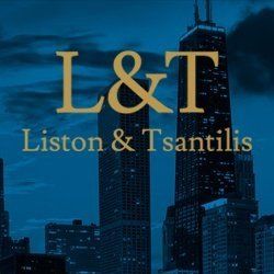 A logo for l & t liston & tsantalis with a city skyline in the background