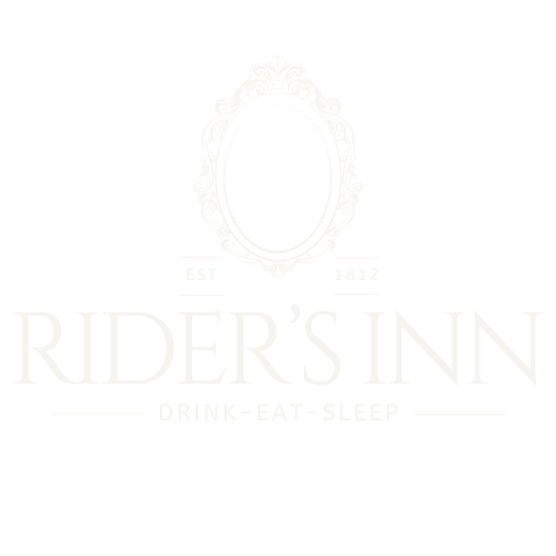 A white logo for rider 's inn drink eat sleep.