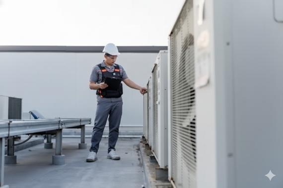 HVAC technician in a hardhat inspecting outdoor air conditioning units on a rooftop.