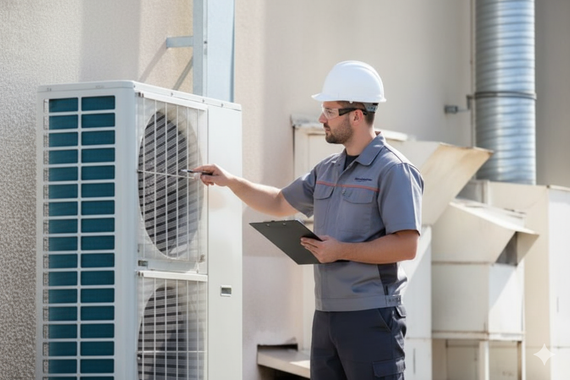 HVAC technician in a hard hat inspecting an air conditioning unit outdoors.