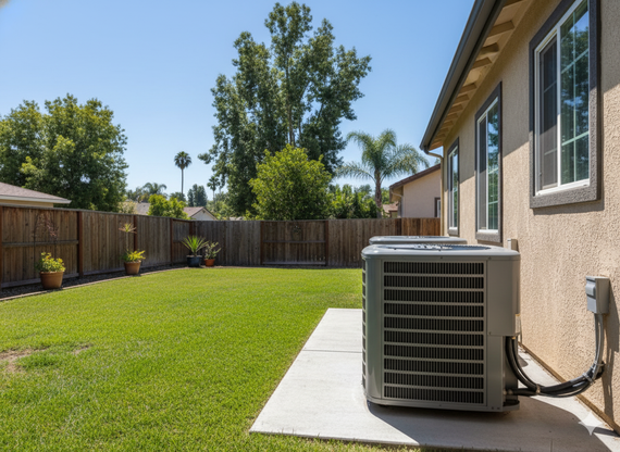 Backyard with green lawn, wooden fence, air conditioning unit, and house on a sunny day.
