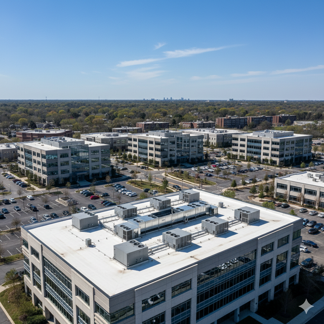 Aerial view of several modern office buildings with large parking lots under a blue sky.