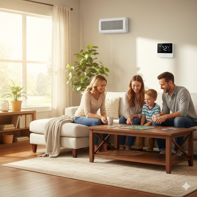 Family playing a board game in a living room, smiling. A plant, sofa, table, and heater are present.