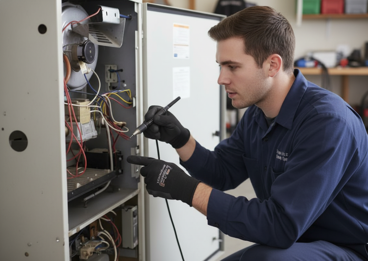 HVAC technician examines furnace wiring with a probe in a utility room. Wearing gloves, blue uniform.