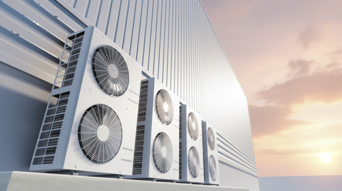 Air conditioning units mounted on a building exterior with a sunset sky.