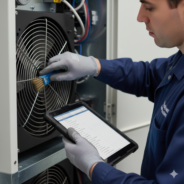 Technician cleaning a fan, using a brush, and holding a tablet.
