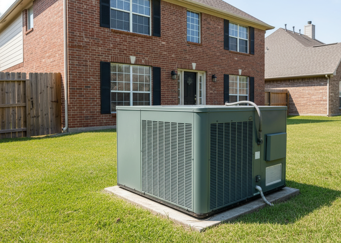 Green air conditioning unit outside a brick two-story house, on a grassy lawn.