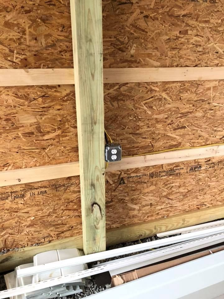 A wooden post with an electrical outlet mounted on it, set against an OSB wall.