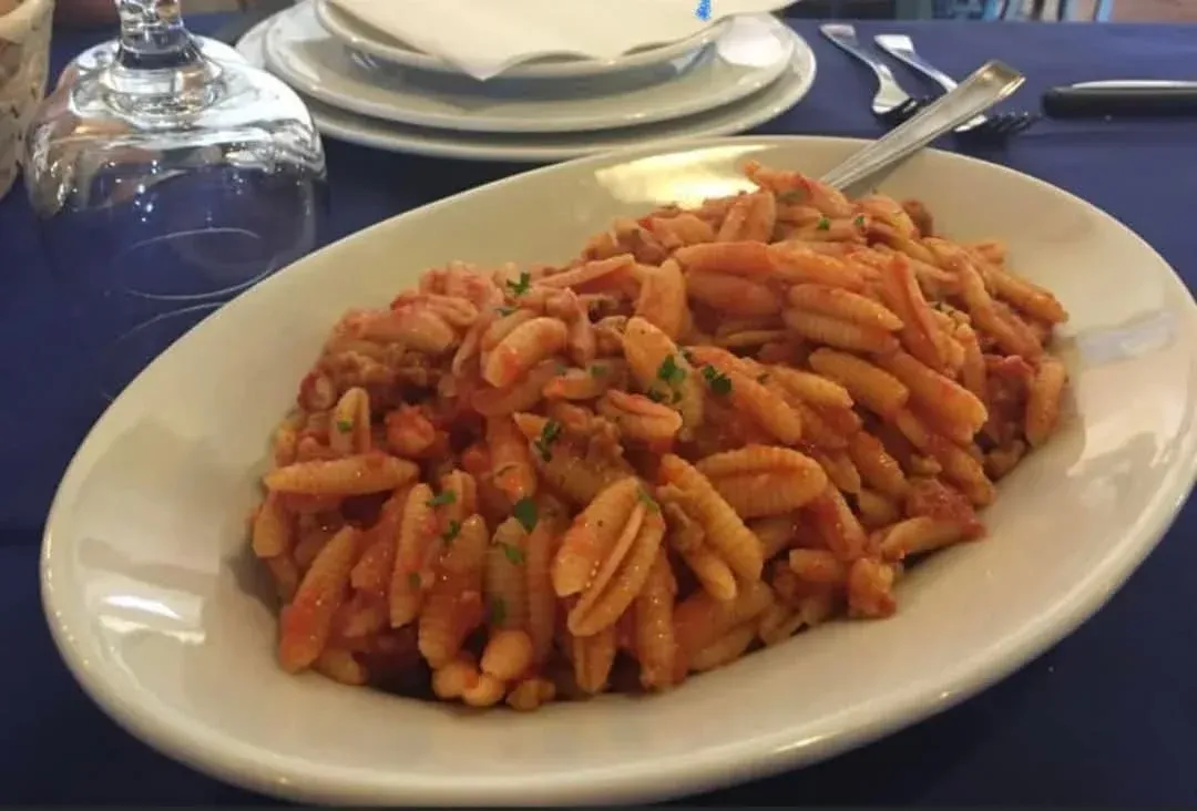 Pasta al sugo di pomodoro su un piatto ovale bianco, su una tovaglia blu.