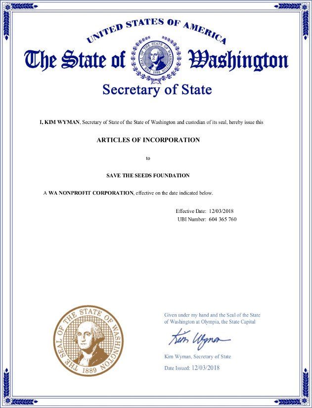A certificate from the state of Washington secretary of state
